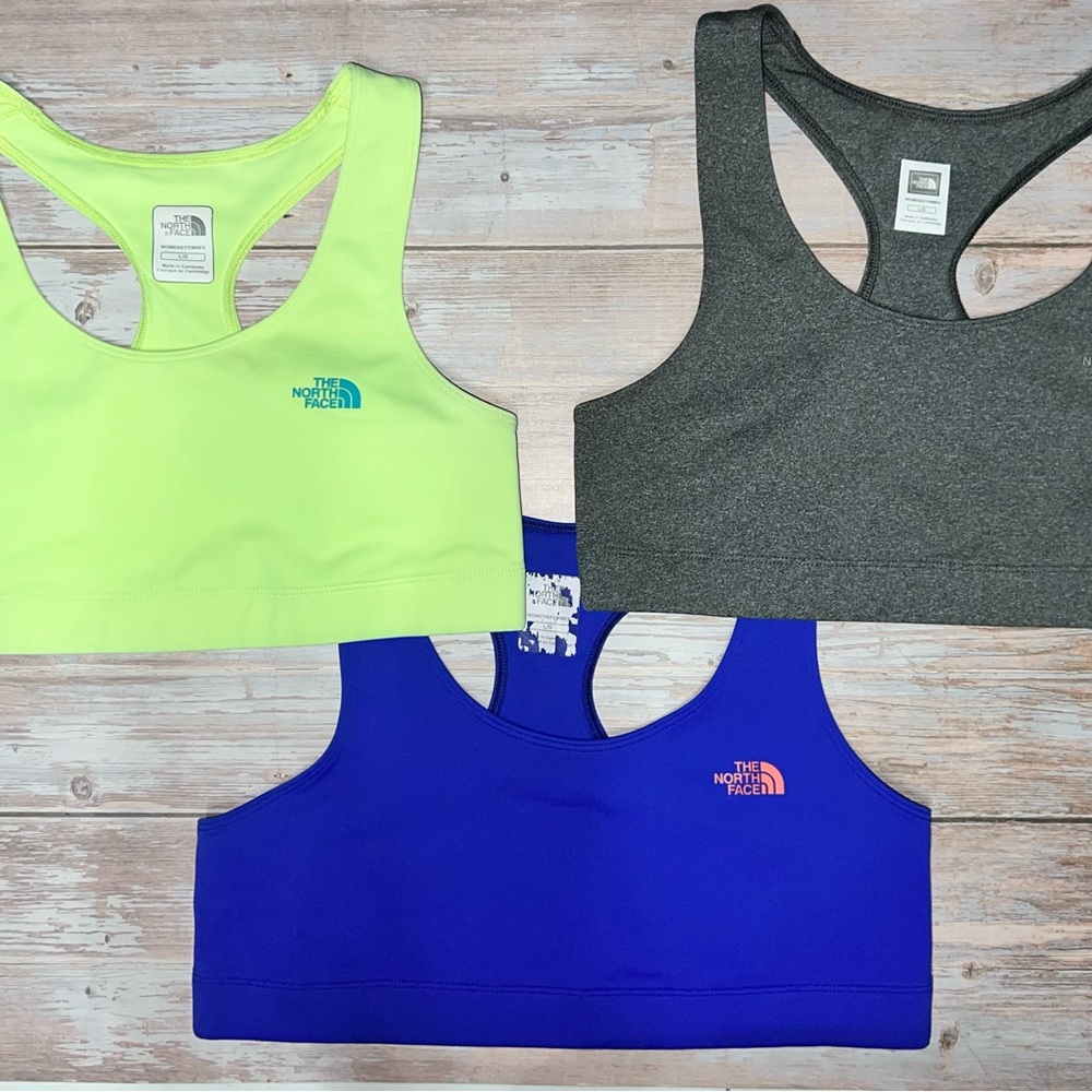 The North Face Gray, Blue and Neon Green Fitted Crop Sports Bras - All 3 Bundle